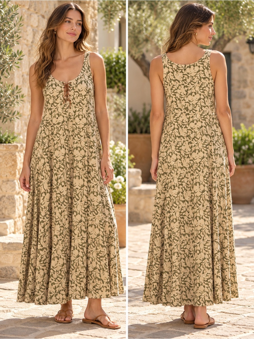 Ralph Lauren Beige Sleeveless Maxi Dress with Olive Floral Print
